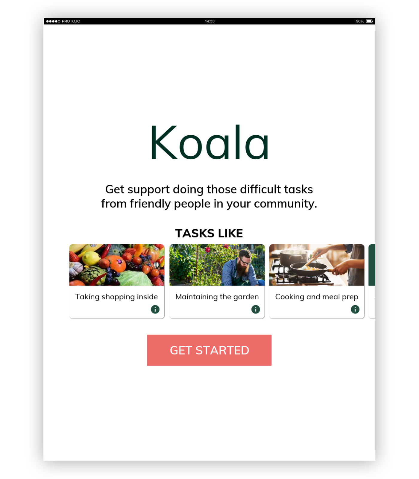 Image of app homepage showing potential tasks that can be completed.